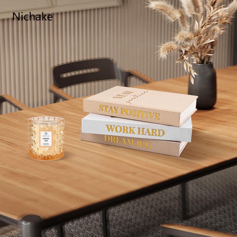 Nichake Set of 3 Linen Covered Decorative Books for Home Office Decor-Gold Foil Stamping Decor Books,Motivational Office Decor for Women Men Neutral Book Decor for Coffee Tables and Book Shelf - Image 3