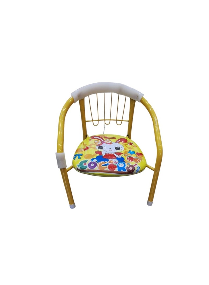A children's chair with a multi-colored cartoon design with a metal backrest frame and a soft seating cushion