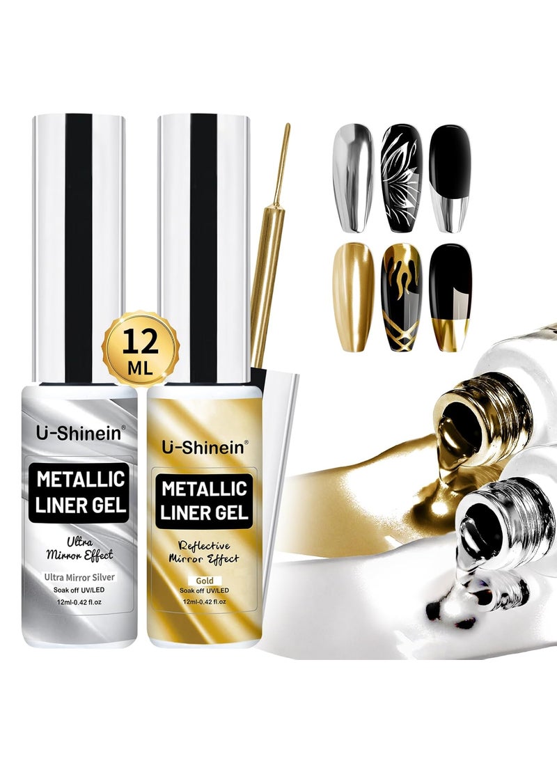 U-Shinein - 2x12ml Metallic Mirror Painting Gel Nail Polish, Ultra Mirror Silver & Gold Metal Painted Drawing Gel with Build in Thin Brush, Chrome Gel Polish Nail Art Gel Liner Soak Off DIY Nail Art - Image 1