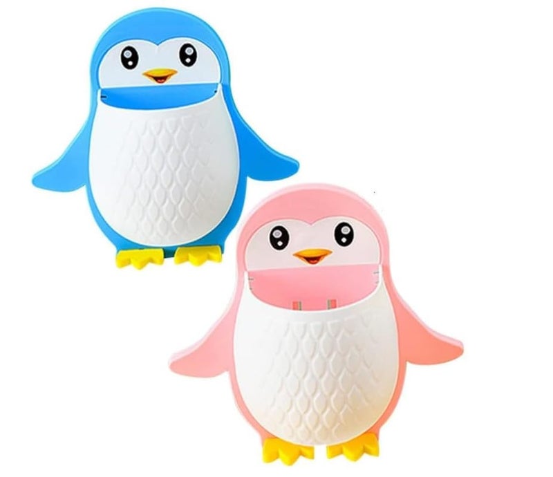 Anshri Pack of 2 Multi-colored Self Adhesive Toothbrush Holder, Plastic Wall Mounted Penguin Storage Organizer for Bathroom, Makeup Brush Holder, Remote, Stationery Holder, Multipurpose - Image 1