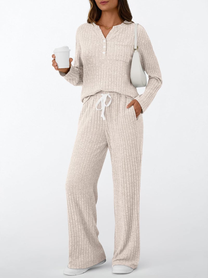 LILLUSORY Womens 2 Piece Lounge Sets Matching Airport Travel Outfits 2026 Spring Clothing Fall Pajamas Sweat Suits Pockets Apricot XS - Image 2
