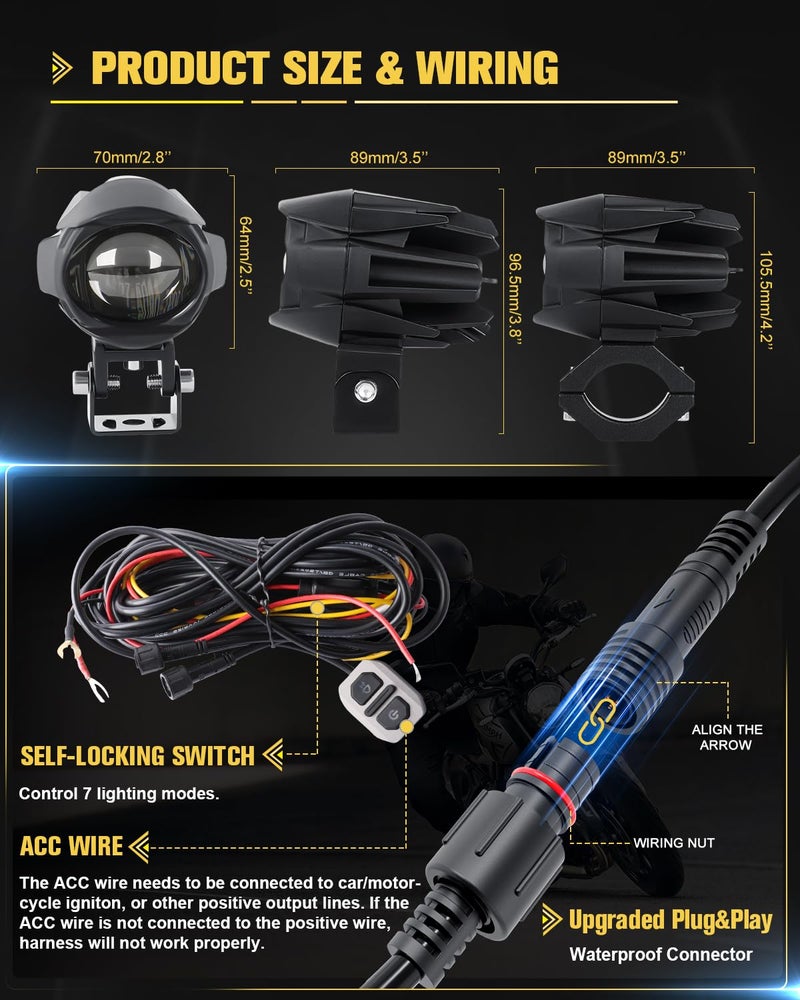 CO LIGHT LED Motorcycle Fog Lights 60W 18000LM Driving Auxiliary Lights 7 Modes Amber White Light Combo with Waterproof Wire Harness Kit, Universal Fit for Motorcycle SUV ATV UTV, 2PCS - Image 2
