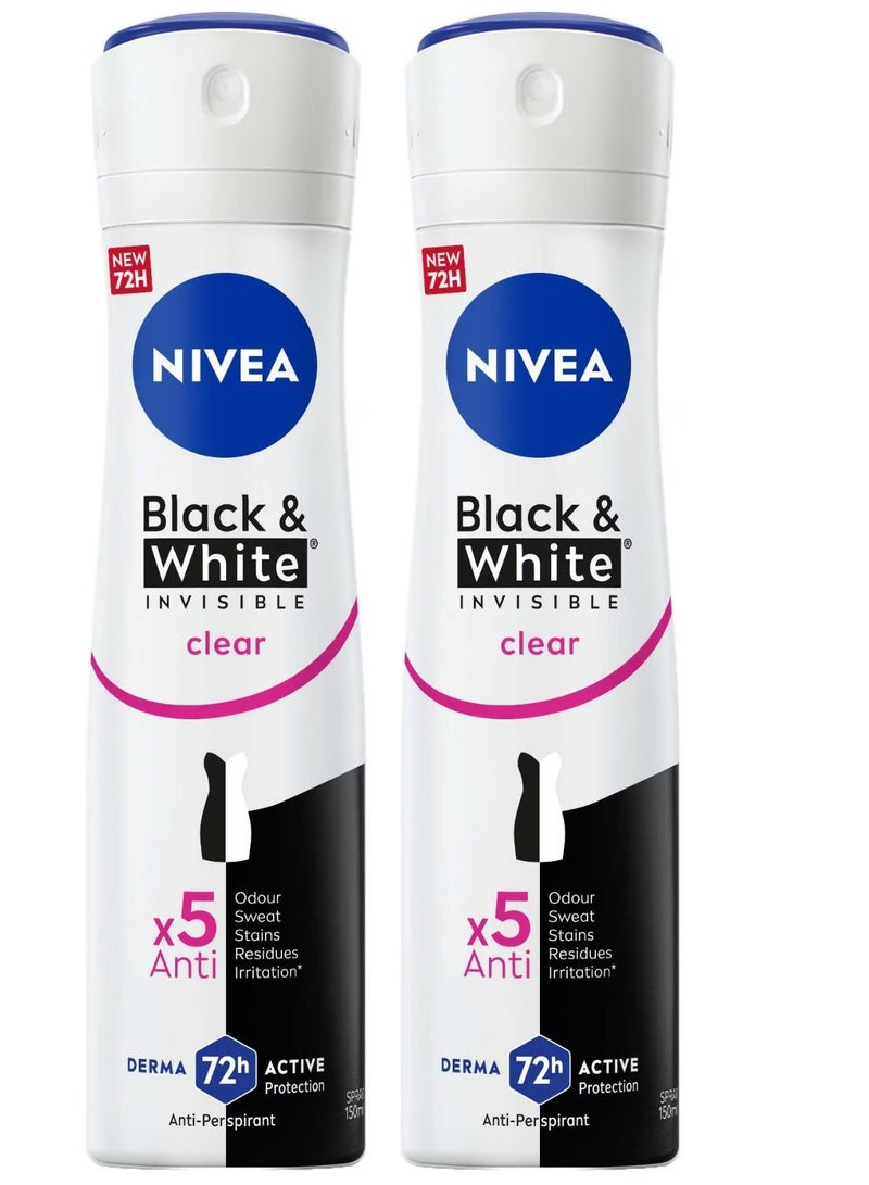 Nivea Black & White Invisible Antiperspirant Deodorant Spray for Women, Clear, 72H Active Protection, 150ml (Pack of 2) - Image 1