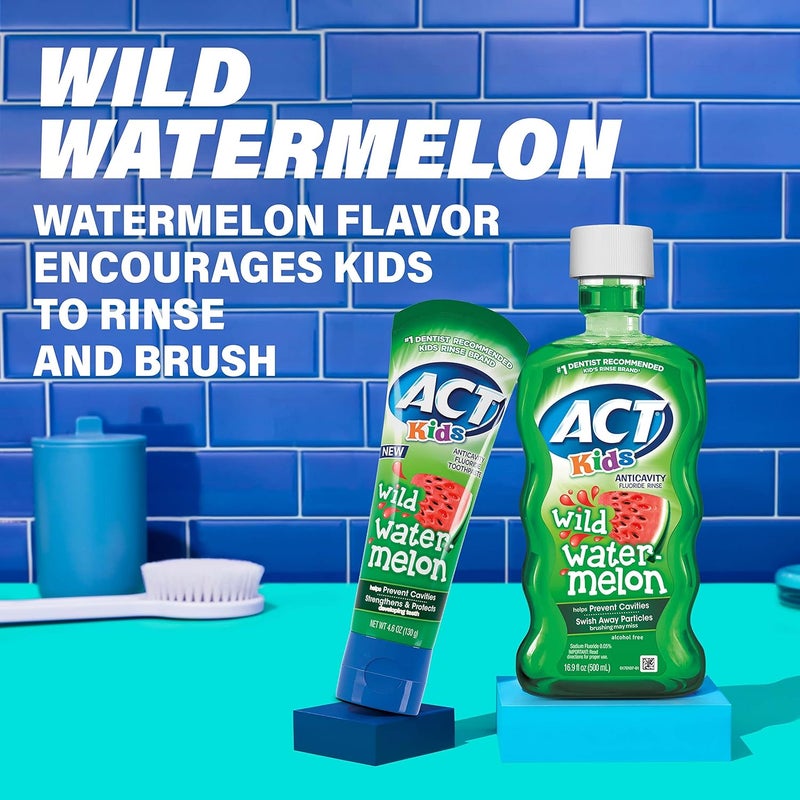 ACT Kids Anticavity Mouthwash, Wild Watermelon | Fluoride Rinse | Alcohol Free | 16.9 fl. oz. | Pack of 2 - Image 3