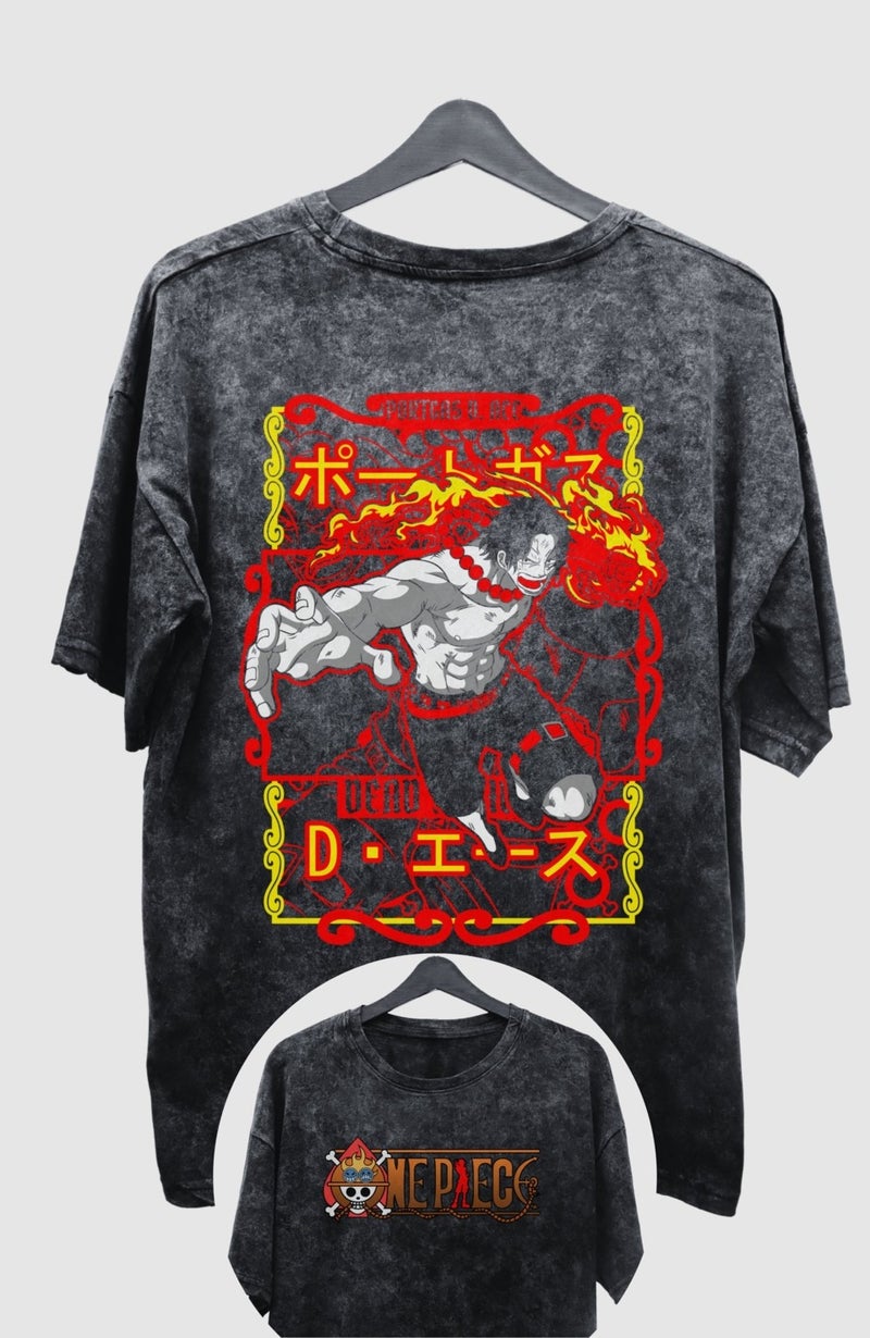 Fuddy Moda Fuddy Fashion Oversize One Piece Ace Back Printed Washed T-Shirt, Unisex Anime Printed Retro T-Shirt - Image 1