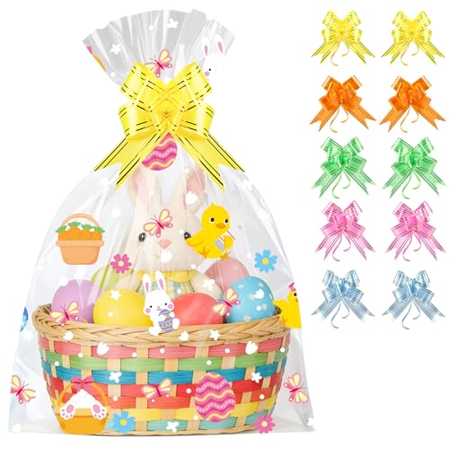 ZYLOP 10 Pack Easter Basket Bags with Bows, 20x28 Inch Large Cellophane Wrap for Gift Baskets, 2.8 Mil Thick Clear Plastic Wrapping, Big Cello Bag Set for Oversized Toys & Holiday Hampers - Image 1