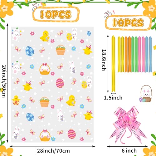 ZYLOP 10 Pack Easter Basket Bags with Bows, 20x28 Inch Large Cellophane Wrap for Gift Baskets, 2.8 Mil Thick Clear Plastic Wrapping, Big Cello Bag Set for Oversized Toys & Holiday Hampers - Image 2