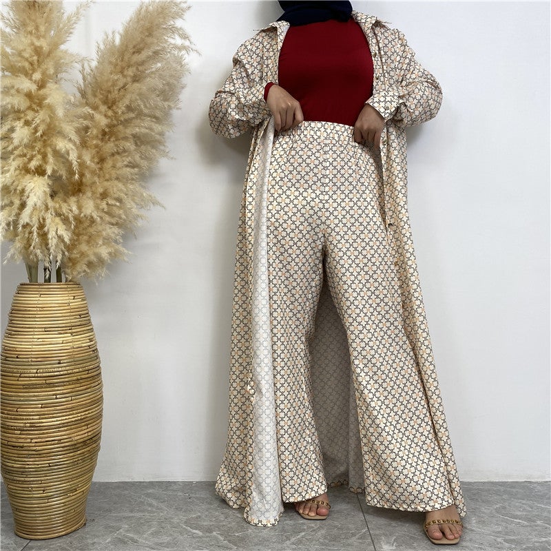 monica fashion Fashionable Printed Full-Button Long Cardigan with Casual Pocket Pants - 2-Piece Set - Image 1