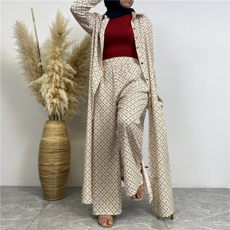 monica fashion Fashionable Printed Full-Button Long Cardigan with Casual Pocket Pants - 2-Piece Set - Image 2