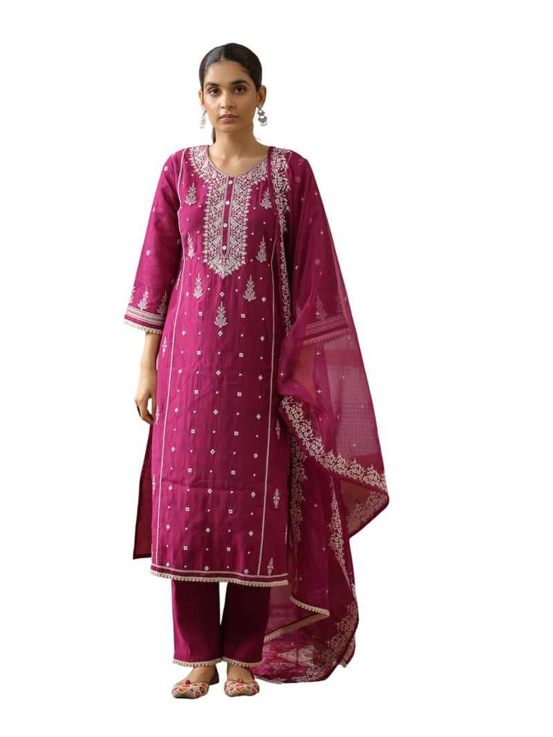 Kaari Women's Embroidered Kurti Set with Dupatta | Ethnic Suits with Embellished Dupatta | Everyday and Festive Kurti Set for Women|Wine|S - Image 1