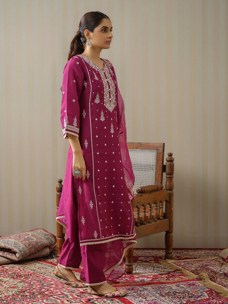 Kaari Women's Embroidered Kurti Set with Dupatta | Ethnic Suits with Embellished Dupatta | Everyday and Festive Kurti Set for Women|Wine|S - Image 3