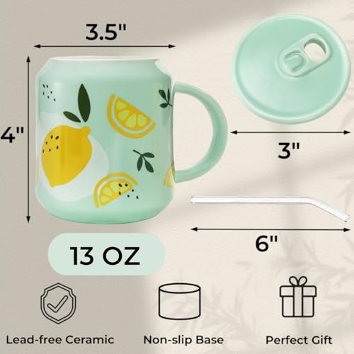 Tlence 2 Pack Cute Ceramic Coffee Mugs with Lid and Straw, 13 OZ Pineapple Lemon Summer Mug Set with Handle, Kawaii Fruit Cups for Coffee Lover, Lemon Gifts - Image 2