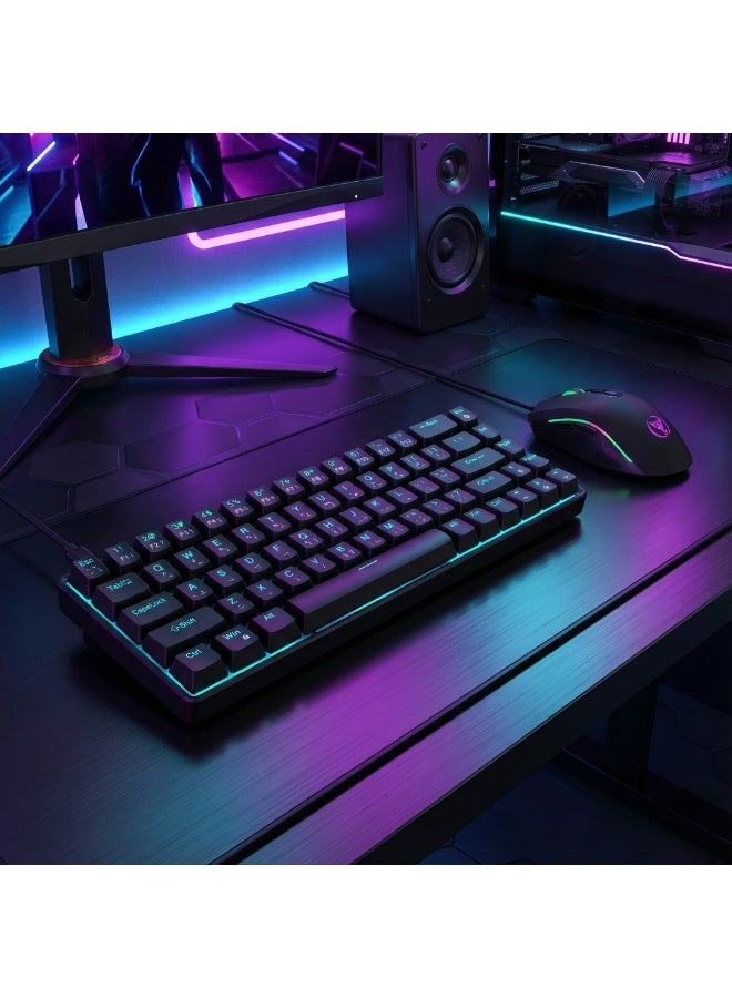 60% English Arabic Gaming Keyboard and DPI Mouse Combo, 68 Keys Mechanical Keyboard with ice blue LED Backlit, Quick Response USB Wired Keyboard with 7 Colors Mouse for Windows/MacOS/Android PC Gamers - Image 2