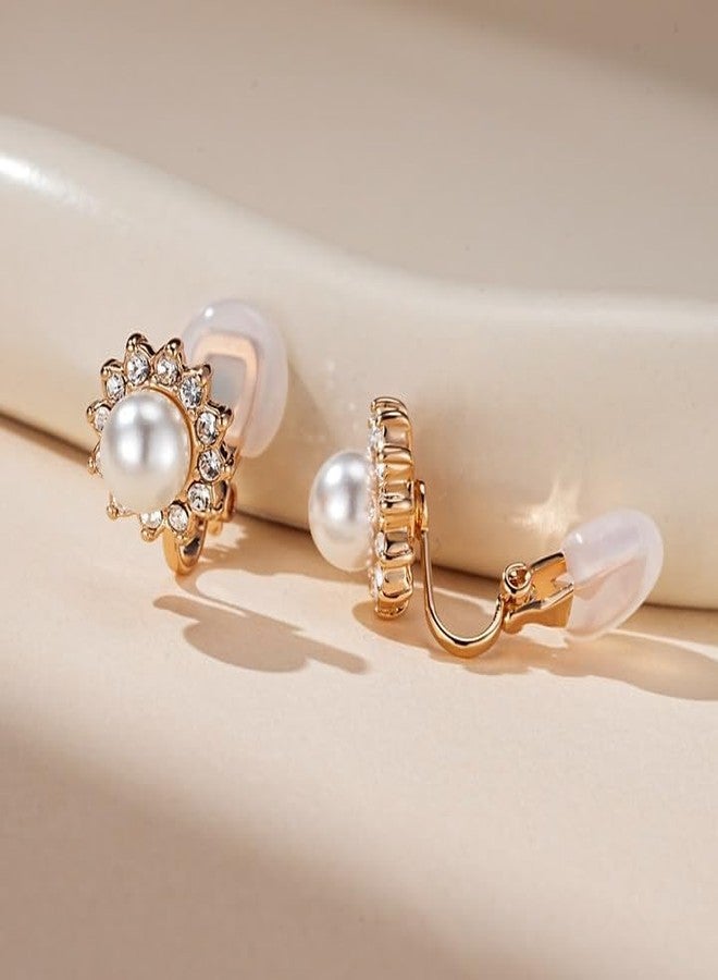 EVEVIC Austrian Crystal Pearl Clip On Earrings for Women Non Pierced Earings 14K Gold Plated Hypoallergenic Jewelry (White Pearl/Gold-Tone) - Image 4