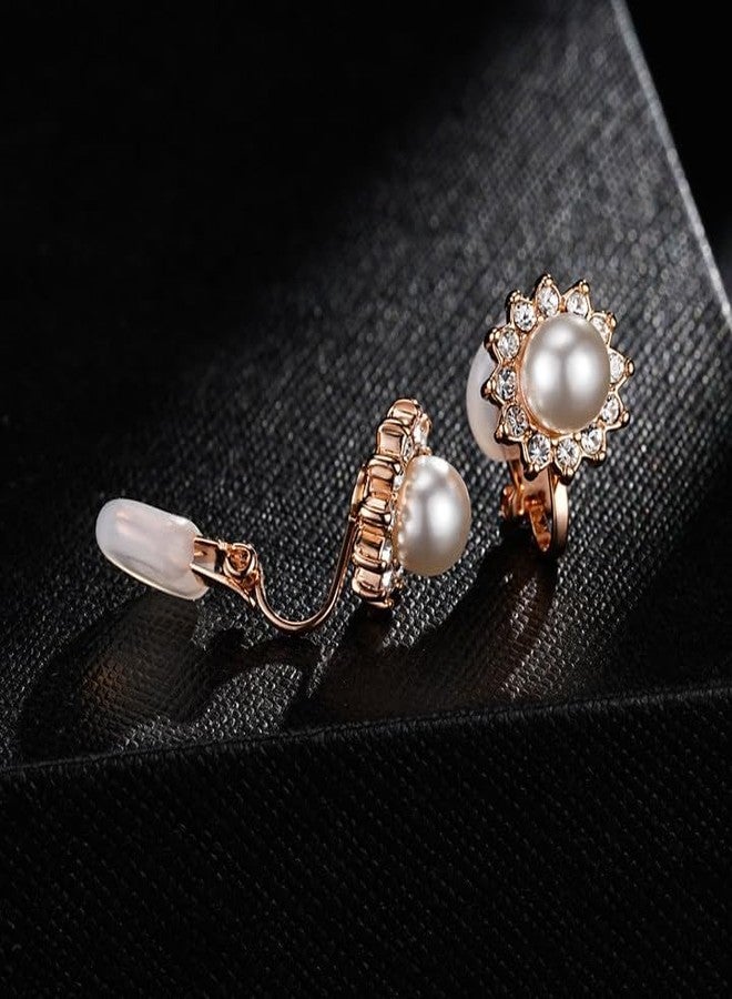 EVEVIC Austrian Crystal Pearl Clip On Earrings for Women Non Pierced Earings 14K Gold Plated Hypoallergenic Jewelry (White Pearl/Gold-Tone) - Image 5