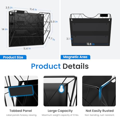 Patvingot Magnetic File Holder for Refrigerator & Cabinets | No-Drill Wall Mount Organizer | 3-Tier Vertical Mail & Magazine Holder for Office/Home (Black, Space-Saving Design) - Image 3