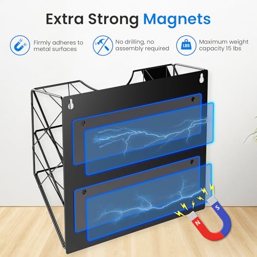 Patvingot Magnetic File Holder for Refrigerator & Cabinets | No-Drill Wall Mount Organizer | 3-Tier Vertical Mail & Magazine Holder for Office/Home (Black, Space-Saving Design) - Image 2