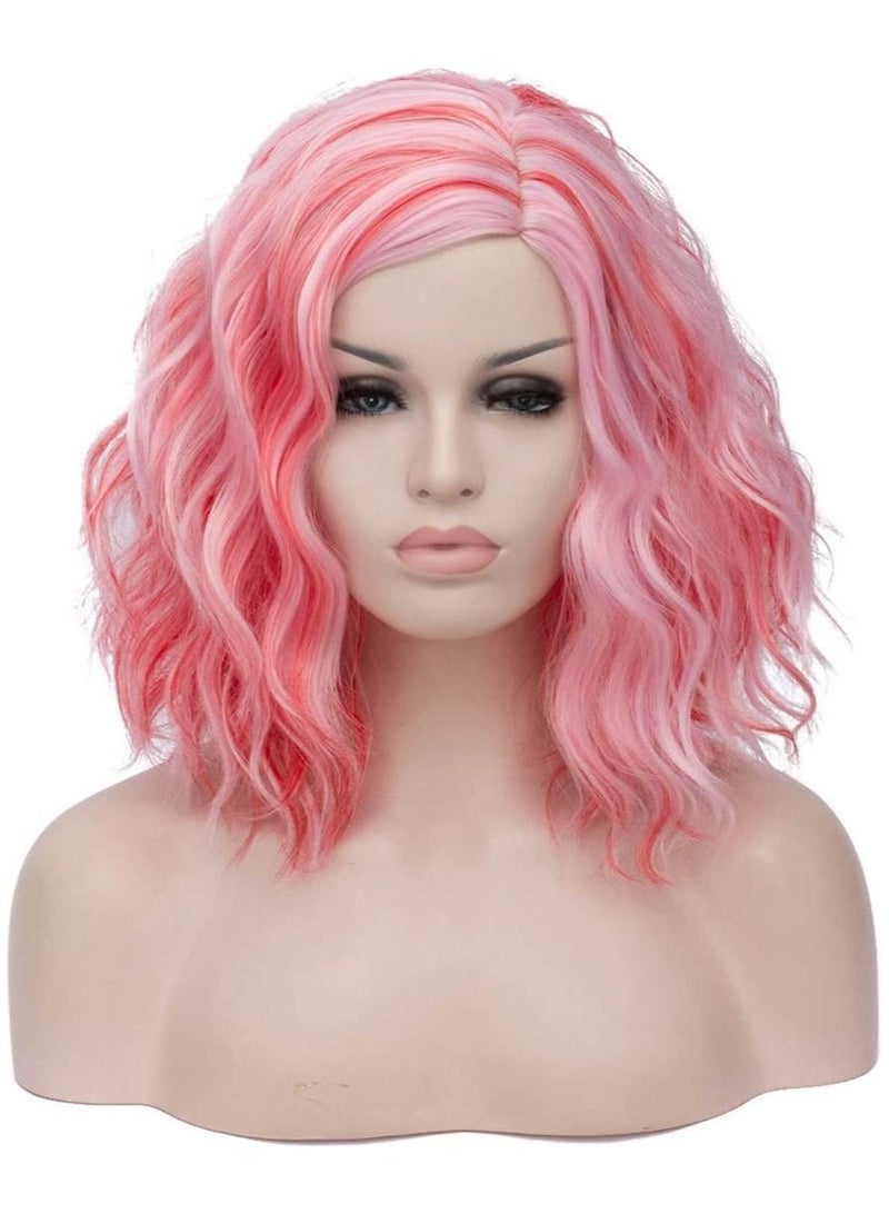 Estelle Short Bob Wavy Curly  Wig For Women Heat Resistant Bob Party Wig Include Wig Cap Red Mix Pink - Image 1