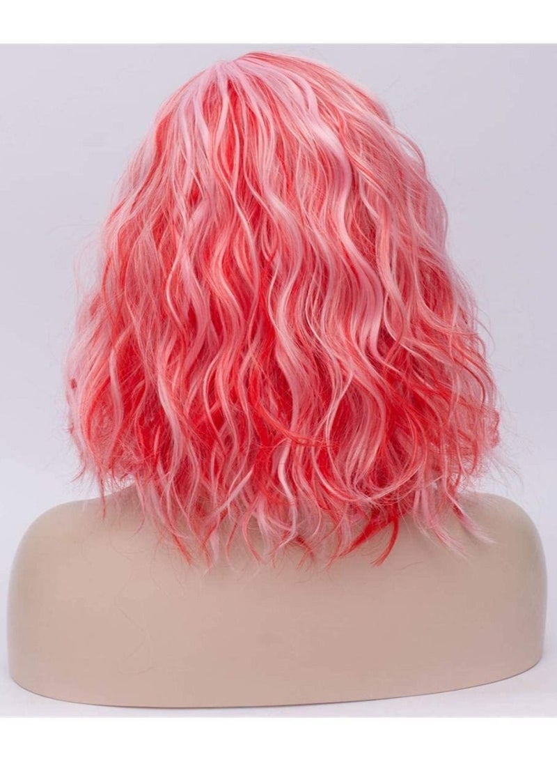 Estelle Short Bob Wavy Curly  Wig For Women Heat Resistant Bob Party Wig Include Wig Cap Red Mix Pink - Image 4