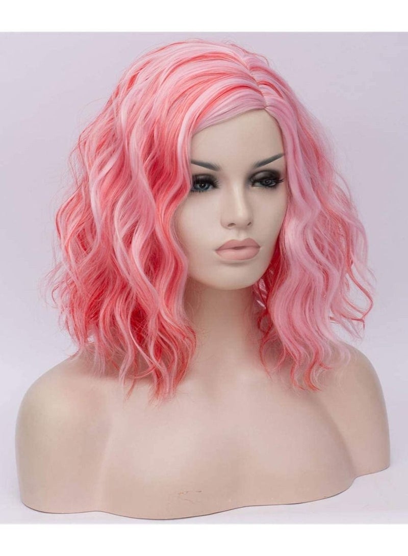 Estelle Short Bob Wavy Curly  Wig For Women Heat Resistant Bob Party Wig Include Wig Cap Red Mix Pink - Image 2