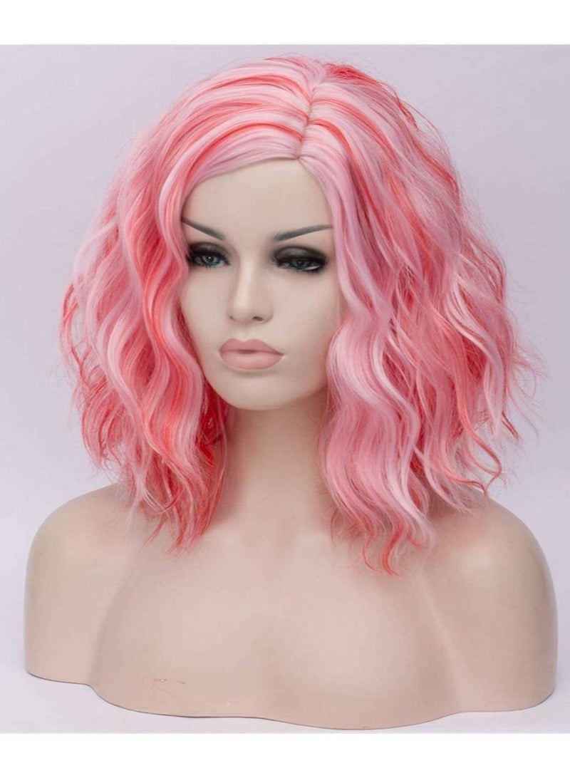 Estelle Short Bob Wavy Curly  Wig For Women Heat Resistant Bob Party Wig Include Wig Cap Red Mix Pink - Image 3