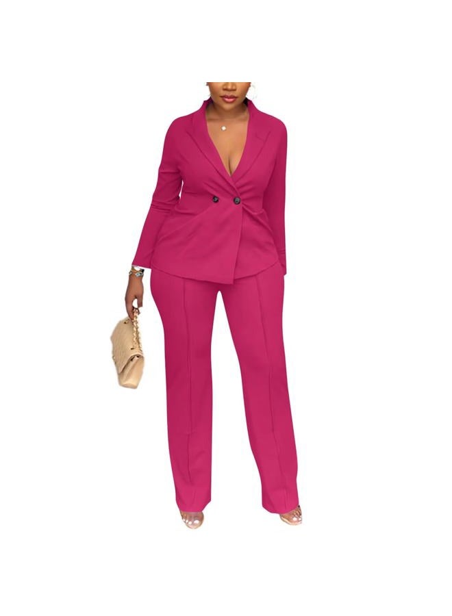 Kafiloe Women Double Breasted Blazer Pants Suit 2 Piece Outfits Casual Long Sleeve Blazer Set for Work Business, Rose Red, M - Image 3