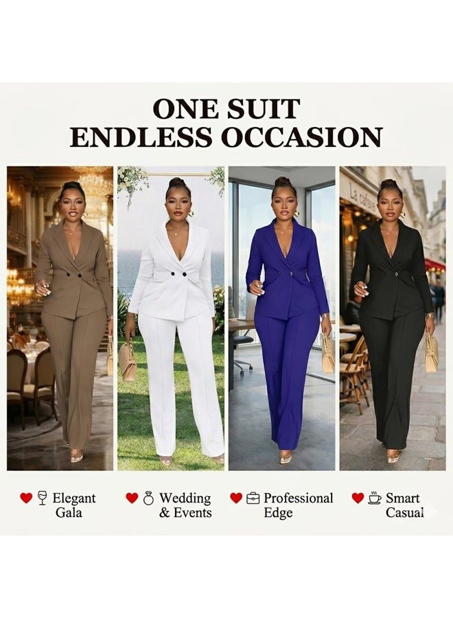Kafiloe Women Double Breasted Blazer Pants Suit 2 Piece Outfits Casual Long Sleeve Blazer Set for Work Business, Rose Red, M - Image 2