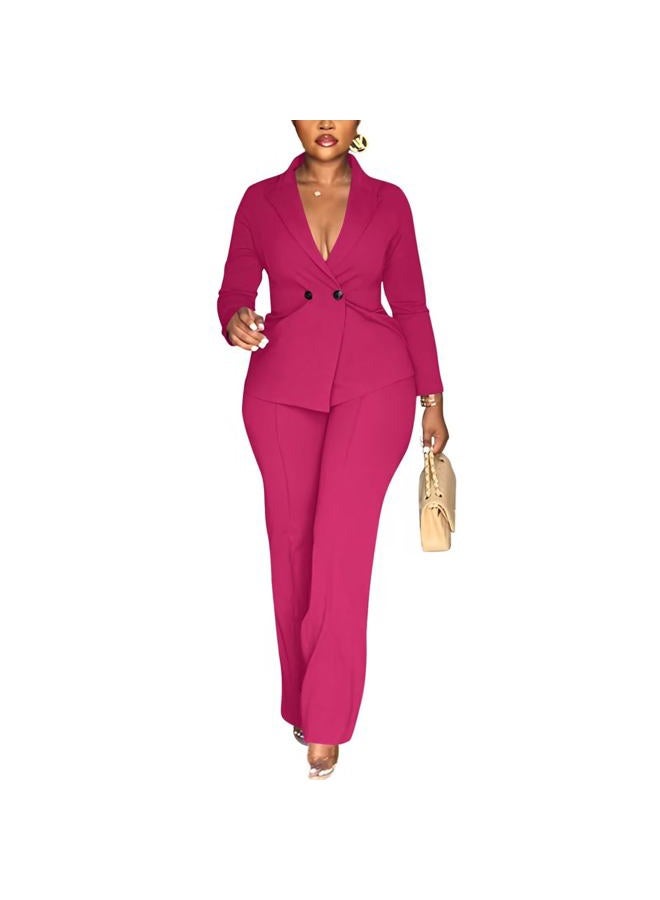 Kafiloe Women Double Breasted Blazer Pants Suit 2 Piece Outfits Casual Long Sleeve Blazer Set for Work Business, Rose Red, M - Image 1