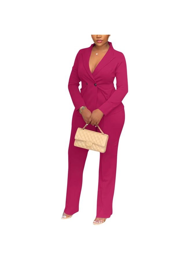 Kafiloe Women Double Breasted Blazer Pants Suit 2 Piece Outfits Casual Long Sleeve Blazer Set for Work Business, Rose Red, M - Image 4