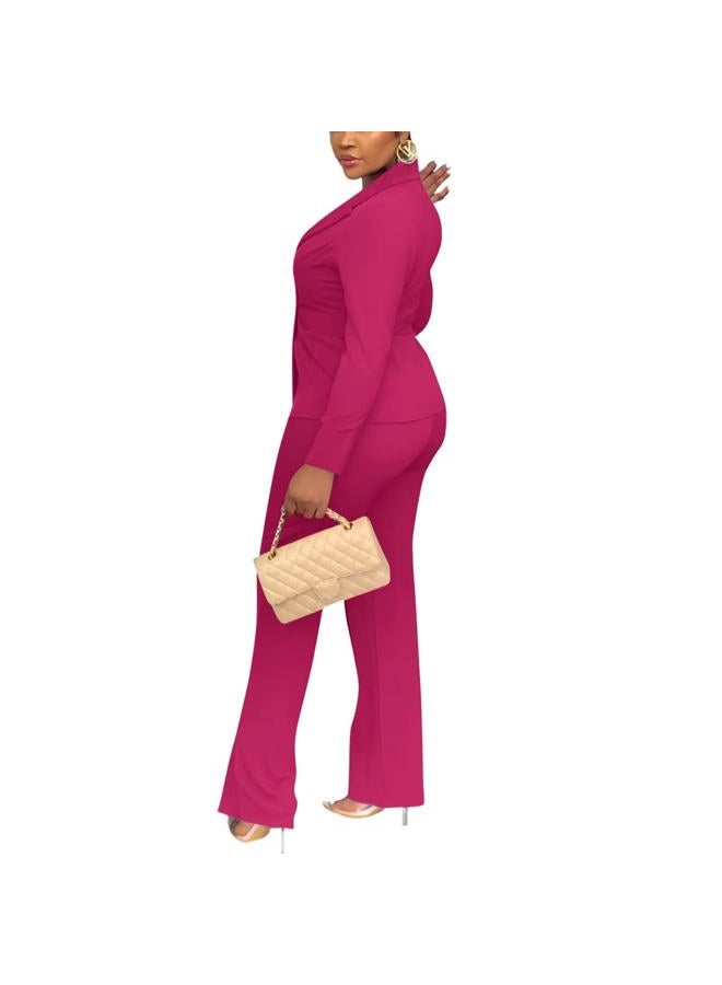 Kafiloe Women Double Breasted Blazer Pants Suit 2 Piece Outfits Casual Long Sleeve Blazer Set for Work Business, Rose Red, M - Image 5