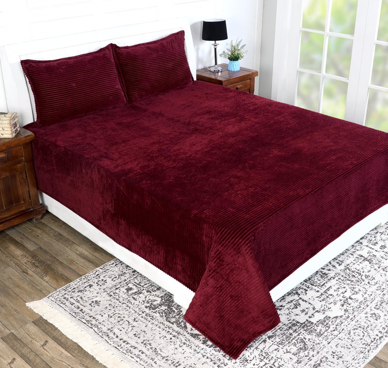 RD TREND 190 GSM Flannel Warm Bedsheets for Winter Double Flat Size (90 x 100 Inches) with 2 Pillow Cover Size (18x28 Inches) Color-Maroon, Striped - Image 1