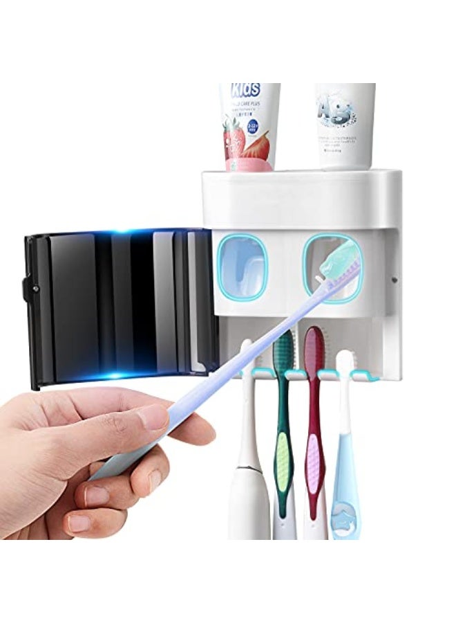 كيلا حامل فرشاة أسنان يُثبت على الحائط، موزع معجون أسنان أوتوماتيكي، منظم فرشاة أسنان بغطاء مقاوم للغبار، مع 4 فتحات لفرشاة الأسنان، و2 عصارة معجون أسنان (بدون حفر) - Image 1