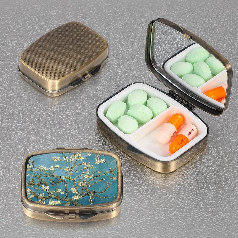 Dynippy Pill Case Pill Box with Mirror Retro Pocket 2 Compartment Medicine Case Vitamin Pill Organizer for Pocket Purse and Travel (A-Plum Blossom) - Image 4