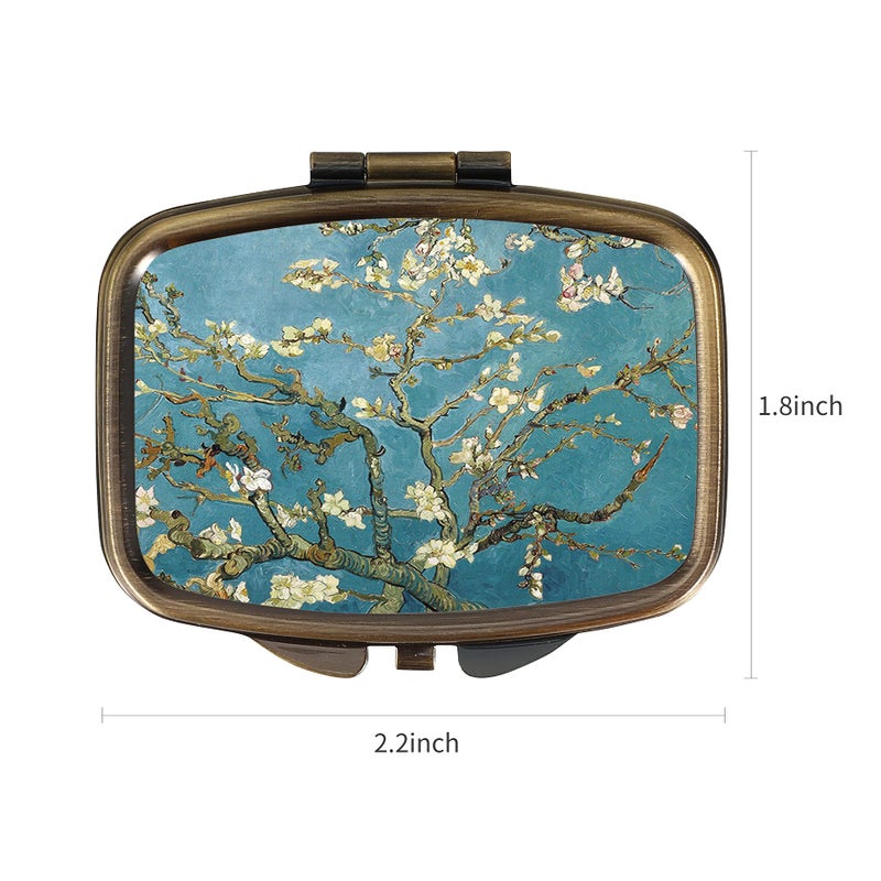 Dynippy Pill Case Pill Box with Mirror Retro Pocket 2 Compartment Medicine Case Vitamin Pill Organizer for Pocket Purse and Travel (A-Plum Blossom) - Image 2