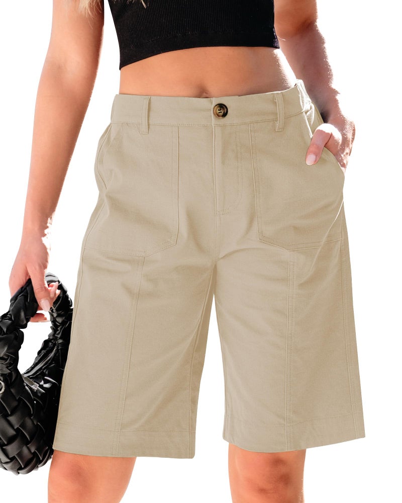 luvamia Bermuda Shorts for Women Knee Length Khaki Shorts Plus Size Old Money Clothes Women Size X-Large Size 16 18 - Image 1