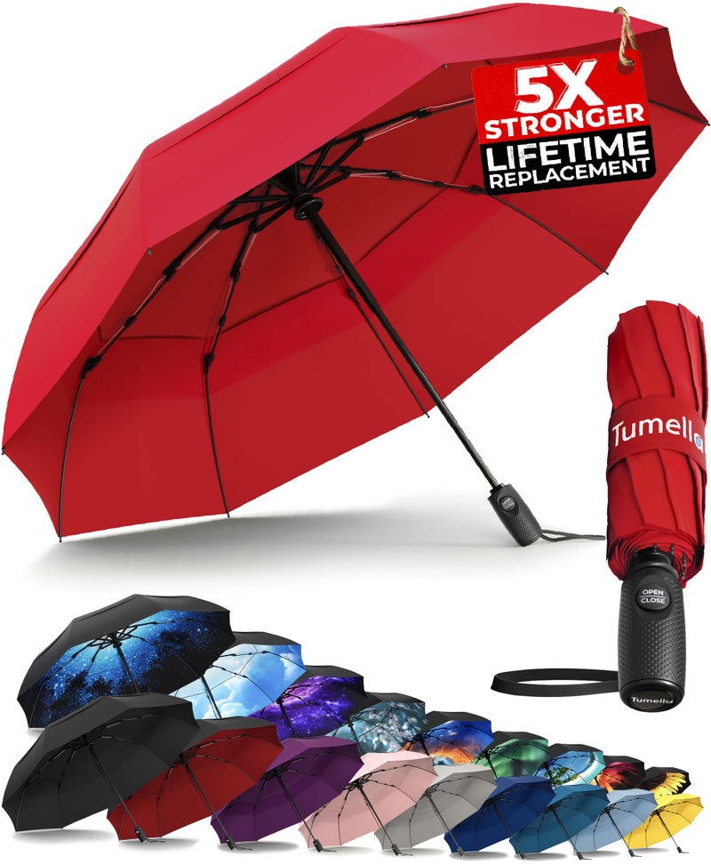 TUMELLA Strongest Windproof Travel Umbrella (Compact, Superior & Beautiful), Small Strong but Light Portable and Automatic Folding Rain Umbrella, Durable Premium Grip, Fits Car and Backpack - Image 1