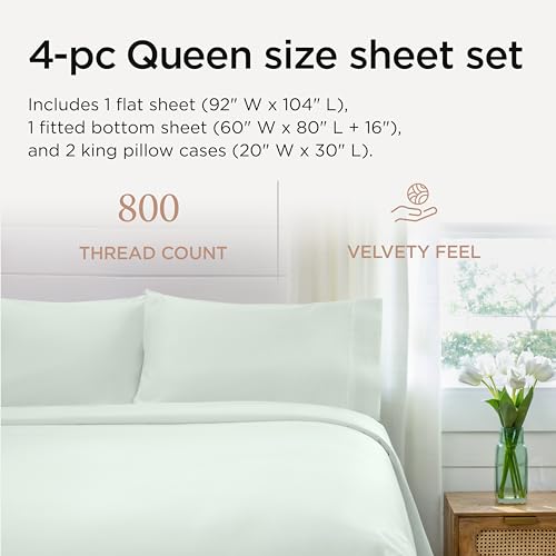 Threadmill Queen Sheet Set | 800 Thread Count Queen Bed Sheets for Queen Mattress with 16” Deep Pocket | Sateen Weave, Better Than Egyptian Cotton, 4-Piece Bedding Set with Cooling Effect | Seaglass - Image 2
