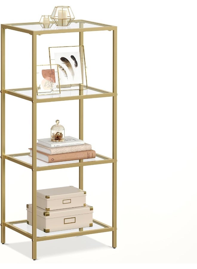 VASAGLE Bookcase, 4-Tier Bookshelf, Slim Shelving Unit for Bedroom, Bathroom, Home Office, Tempered Glass, Steel Frame, Metallic Gold - Image 1