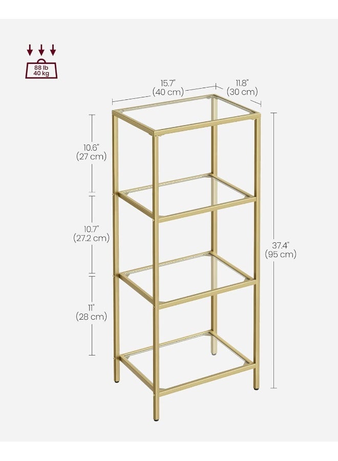 VASAGLE Bookcase, 4-Tier Bookshelf, Slim Shelving Unit for Bedroom, Bathroom, Home Office, Tempered Glass, Steel Frame, Metallic Gold - Image 3