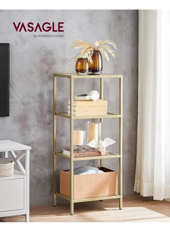 VASAGLE Bookcase, 4-Tier Bookshelf, Slim Shelving Unit for Bedroom, Bathroom, Home Office, Tempered Glass, Steel Frame, Metallic Gold - Image 2
