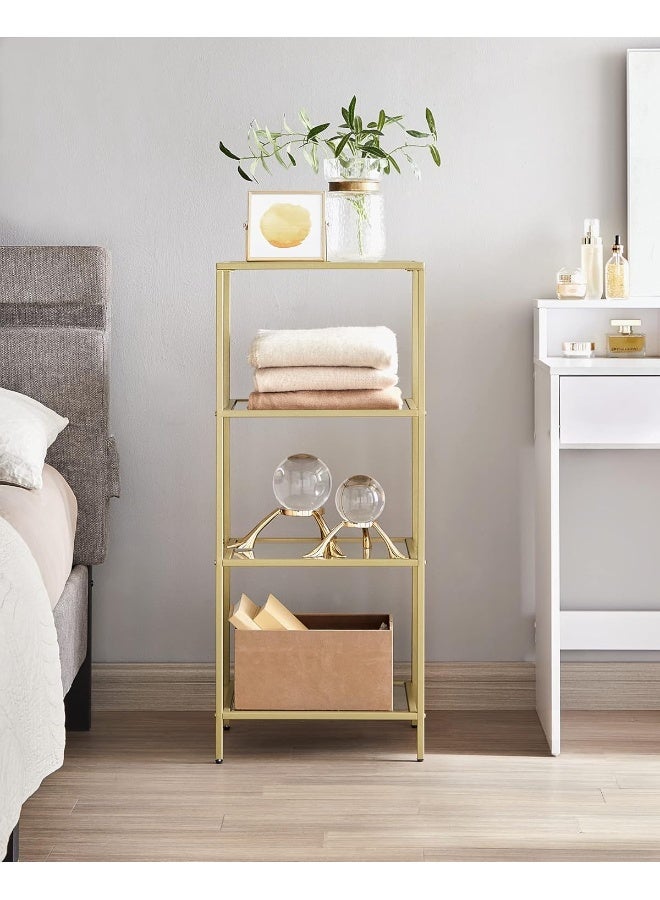 VASAGLE Bookcase, 4-Tier Bookshelf, Slim Shelving Unit for Bedroom, Bathroom, Home Office, Tempered Glass, Steel Frame, Metallic Gold - Image 4