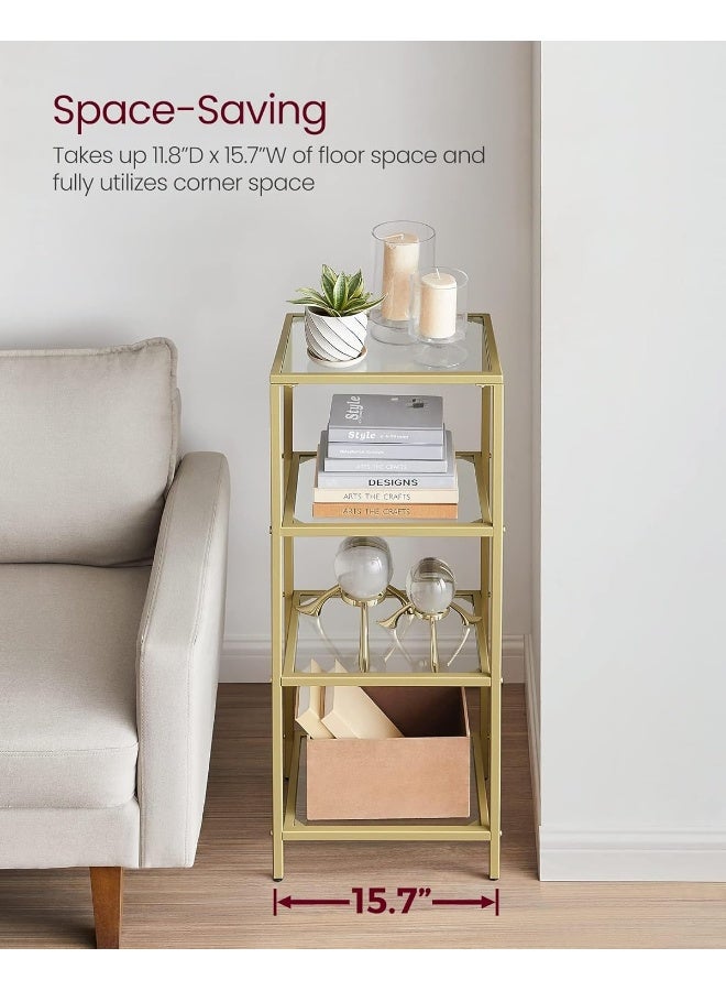 VASAGLE Bookcase, 4-Tier Bookshelf, Slim Shelving Unit for Bedroom, Bathroom, Home Office, Tempered Glass, Steel Frame, Metallic Gold - Image 5