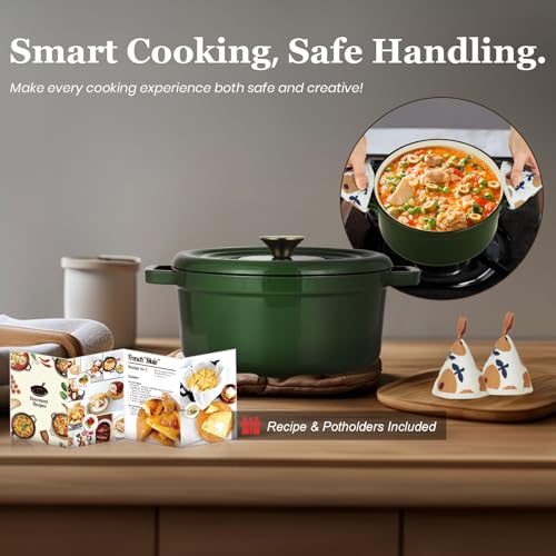 Overmont فرن هولندي من الحديد الزهر المطلي بالمينا من أوفرمونت - وعاء 5QT مع غطاء، كتاب طبخ وحاملات قطنية - أواني طهي متينة للطهي البطيء، اليخنات، التحميص، وخبز الخبز moss - Image 5
