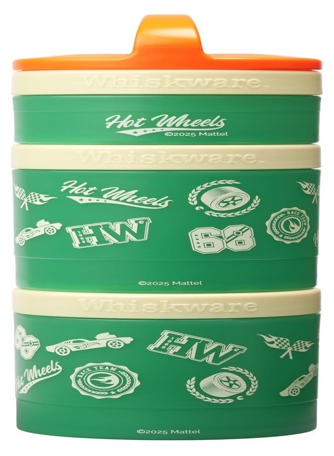 Whiskware Hot Wheels (Race Icons) Whiskware Stackable Snack Pack - 3 Jar + Handle - Orange/Tan/Green - Image 1