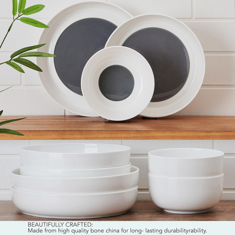 Mikasa Austyn Grey Bone China Lightweight Chip Resistant 9 Piece Dinnerware Bowl Set Service for 3 White - Image 5