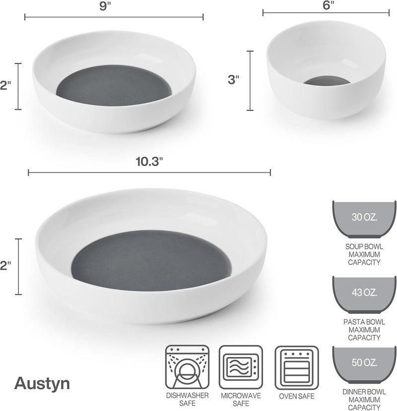 Mikasa Austyn Grey Bone China Lightweight Chip Resistant 9 Piece Dinnerware Bowl Set Service for 3 White - Image 4