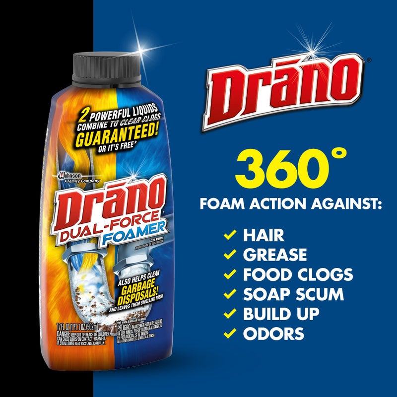 Drano Dual-Force Foamer Drain Clog Remover and Cleaner for Shower or Sink Drains, Unclogs and Removes Sources of Odor, 17 Fl Oz - Image 3