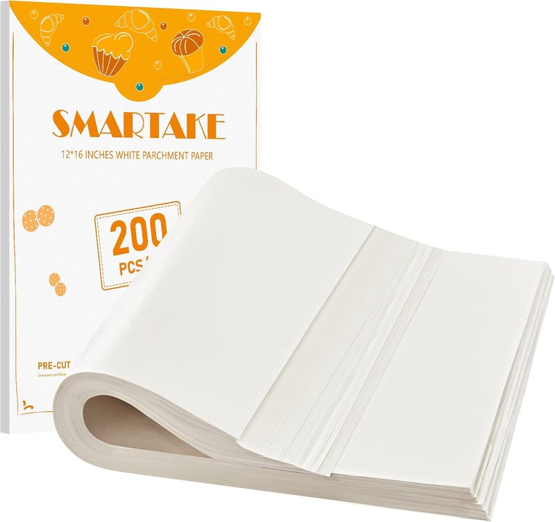 SMARTAKE 200 Pcs Parchment Paper Baking Sheets, 12x16 Inch Non-Stick Precut Baking Parchment, Suitable for Baking Grilling Air Fryer Steaming Bread Cup Cake Cookie and More (White) - Image 1