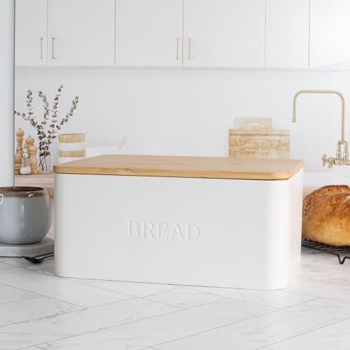 ZICOTO Beautiful Bread Box With Wooden Lid For Your Kitchen Countertop - Spacious Container Perfectly Stores Your Homemade Bread, English Muffins & Bagels - Quality Cutting Board Lid Keeps Loaf Fresh - Image 1