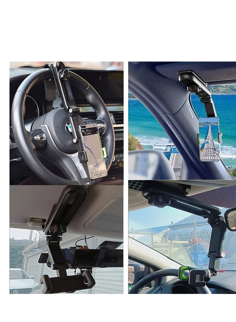 Sun Visor Car Phone Holder Mount Multifunctional Cell Phone Stand Universal Adjustable Arm Cradles Car Holder Mount Phone Car Clip Mount for Sun Visor Rearview Mirror Steering Wheel (Green) - Image 5